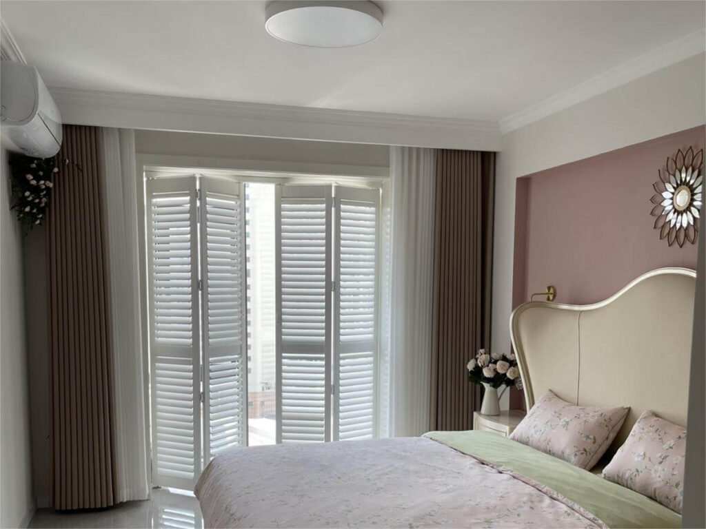 Pair Plantation Shutters with Curtains