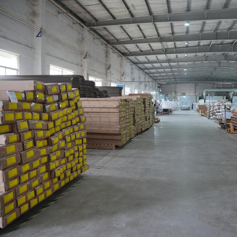 Finished plantation shutters and window shades packed for container export at Goodwood Shutters warehouse Xiamen