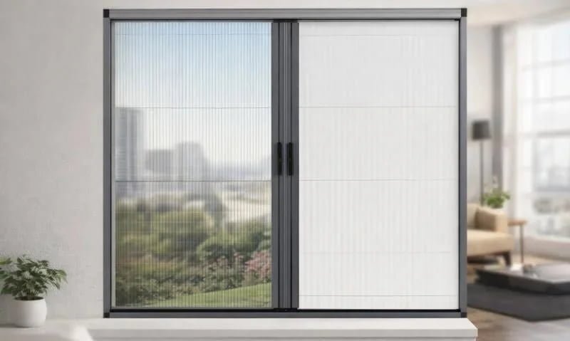 Insect screen shade on an open window with outdoor view visible