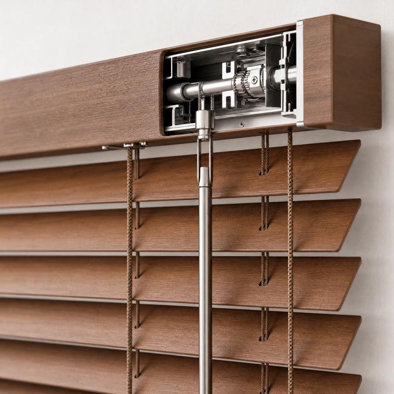 Venetian blind headrail and operating cord hardware detail, wholesale venetian blinds supplier Goodwood Shutters